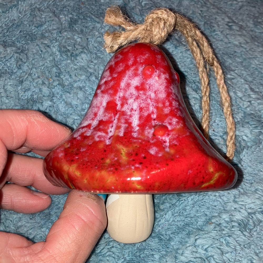 Rustic Red Mushroom Glazed Pottery Wind Chime 6” New